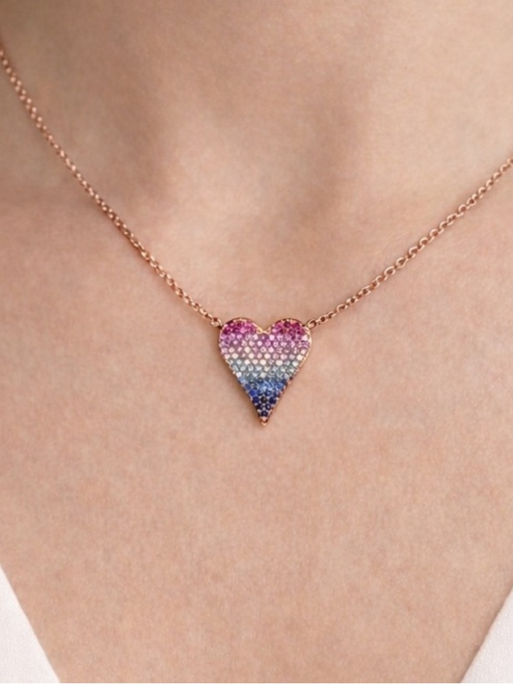 14k gold, sapphire, heart necklace, rose gold, fine jewelry, gift for her
